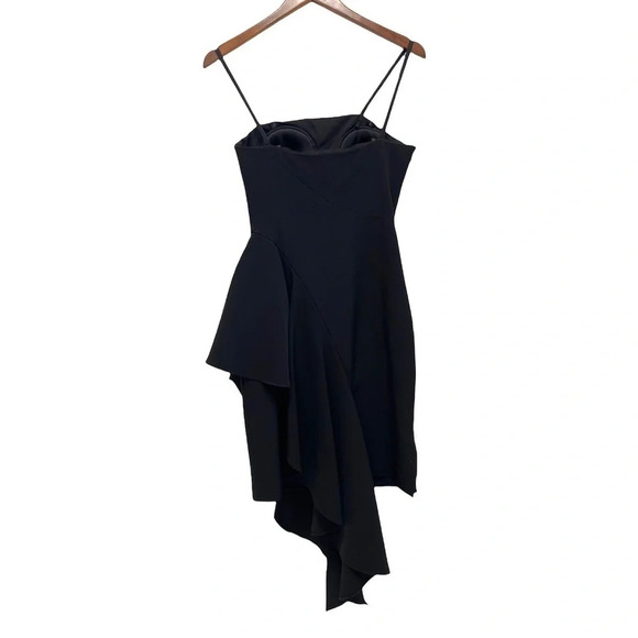 Milly Asymmetrical Ruffle Spaghetti Strap Black Dress Stretch Cocktail Size 0 - Picture 4 of 12